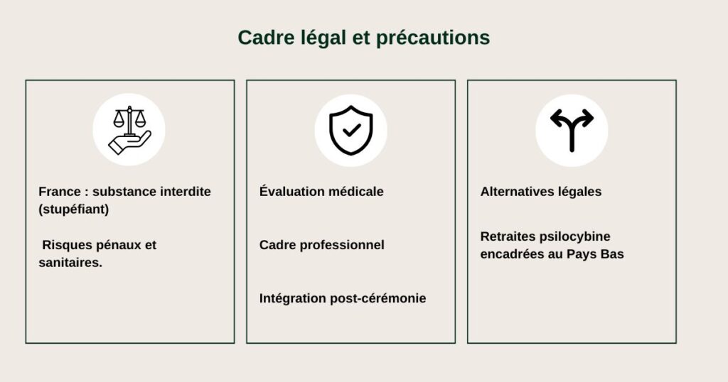 Encadré : illégalité en France, précautions de sécurité, alternatives légales encadrées.