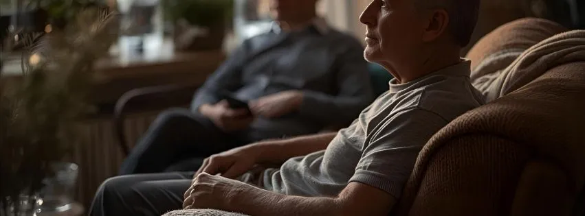 Pièce chaleureuse et calme, avec une personne détendue et un accompagnant discret, illustrant un cadre sécurisé