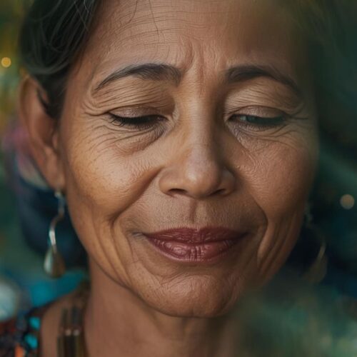 Visions ayahuasca : portrait méditatif dans une forêt nocturne, motifs géométriques et lueurs synesthésiques.