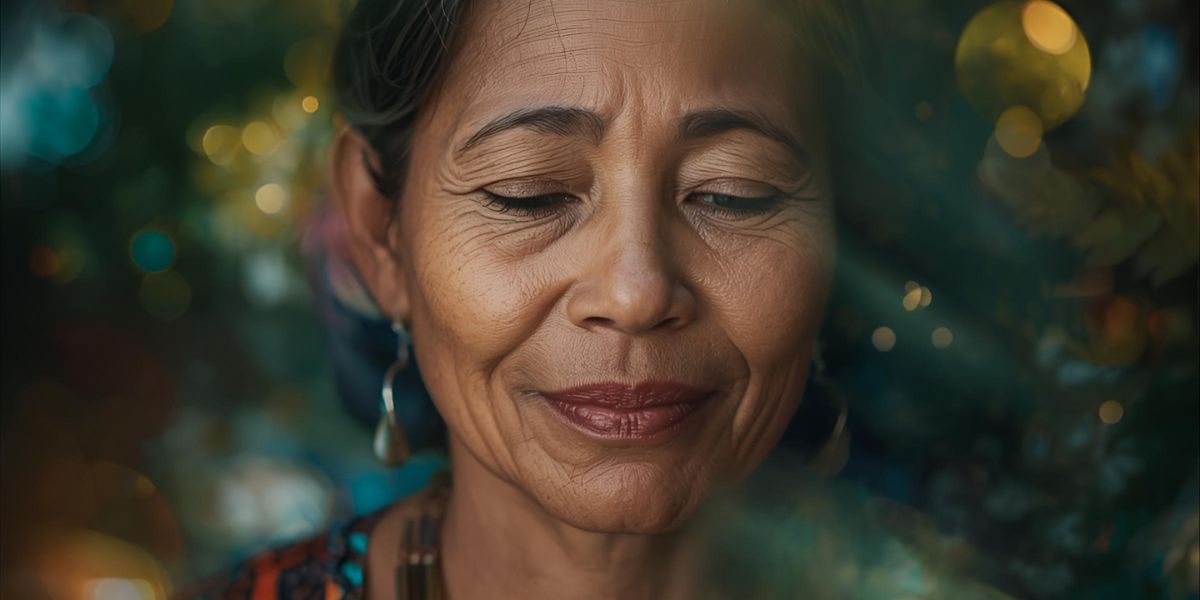 Visions ayahuasca : portrait méditatif dans une forêt nocturne, motifs géométriques et lueurs synesthésiques.