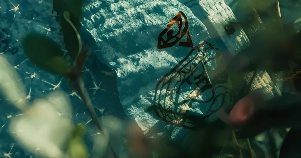 Visions ayahuasca : motifs géométriques et formes animales stylisées symbolisant guidance et transformation.