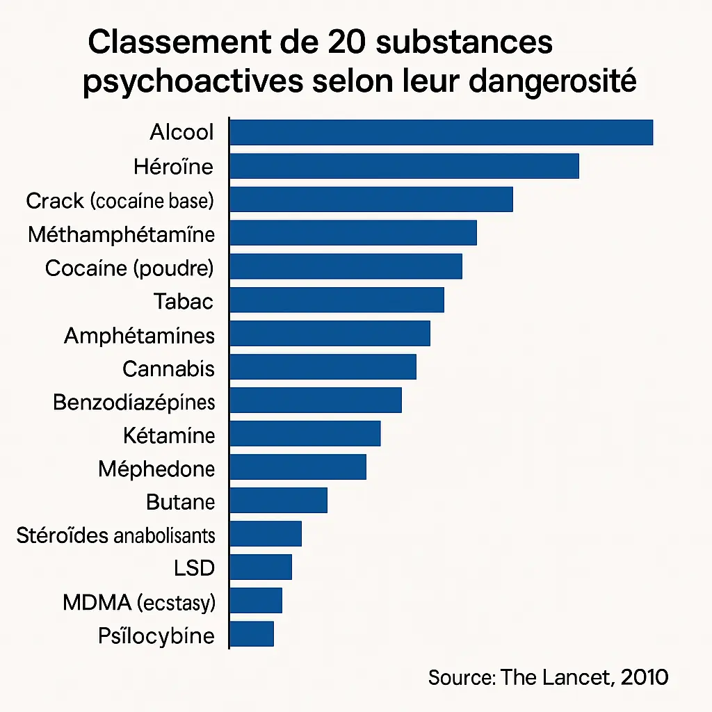 Graphique de l'étude The Lancet (2010) classant 20 substances psychoactives selon leur dangerosité - La psilocybine est la moins dangereuse