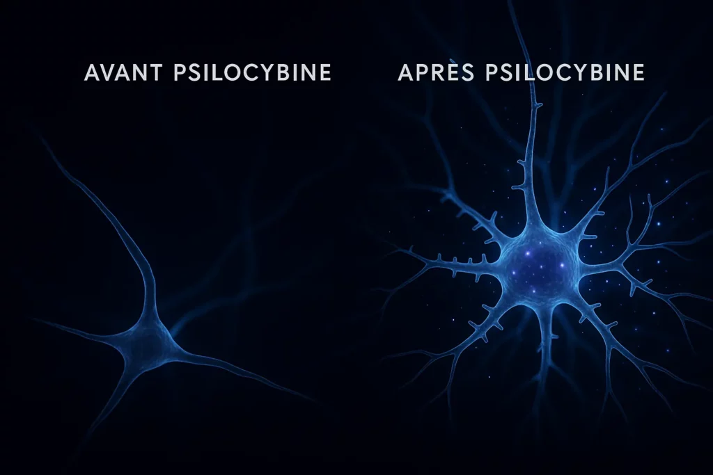 Illustration de la neuroplasticité induite par la psilocybine - Croissance des épines dendritiques et synaptogenèse
