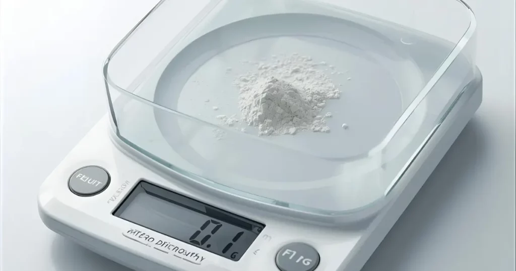 Microdosage de psilocybine : exemple de dose sub-perceptible de 0,1 g pesée sur une micro-balance 