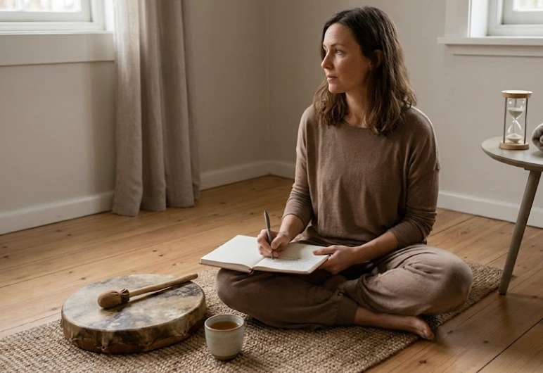 Femme assise calmement au sol, écrivant dans un journal d'intégration après une séance, avec un tambour chamanique et un sablier à ses côtés, illustrant la phase de mise en mots après l'expérience.