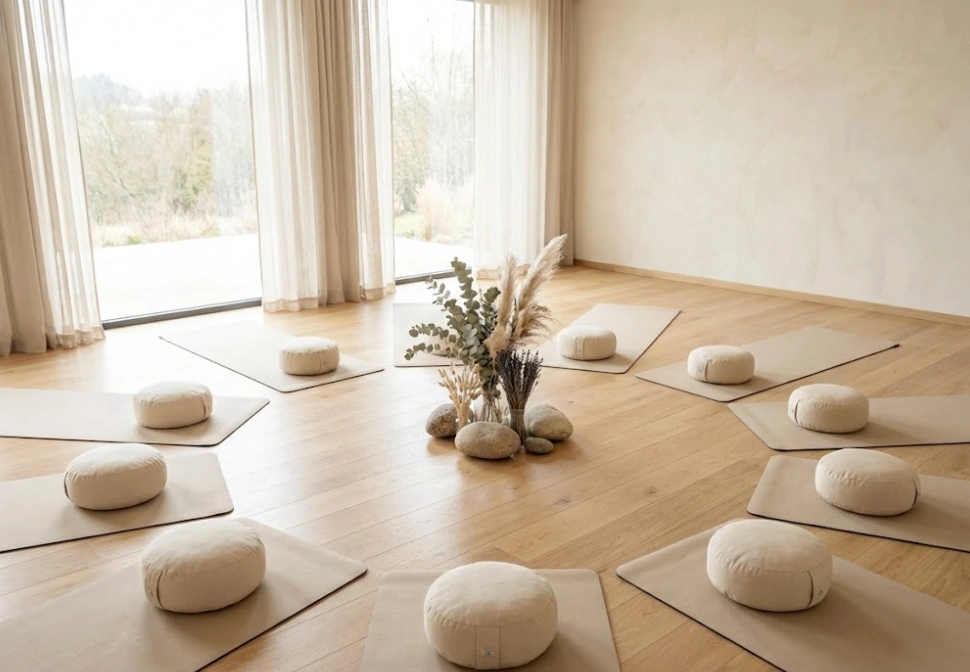 Salle de retraite lumineuse et minimaliste avec des coussins de méditation disposés en cercle, illustrant un cadre sécurisé, propre et professionnel pour les pratiques de groupe.