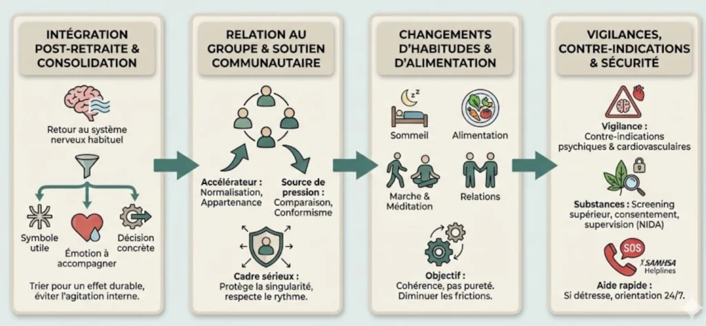 Infographie sur l'intégration post-retraite chamanique : étapes de consolidation, dynamique de groupe, changements d'habitudes (sommeil, alimentation) et protocoles de sécurité/vigilance.