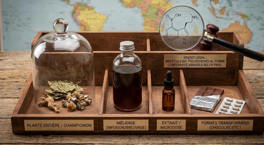 Image conceptuelle d'une balance en équilibre. Un plateau contient des éléments juridiques (marteau de juge, livre de loi, passeport) et l'autre des objets rituels (plantes séchées, infusion, plumes). Un bouclier avec un cadenas et une checklist symbolise la sécurité obtenue en alignant le cadre légal et la pratique.