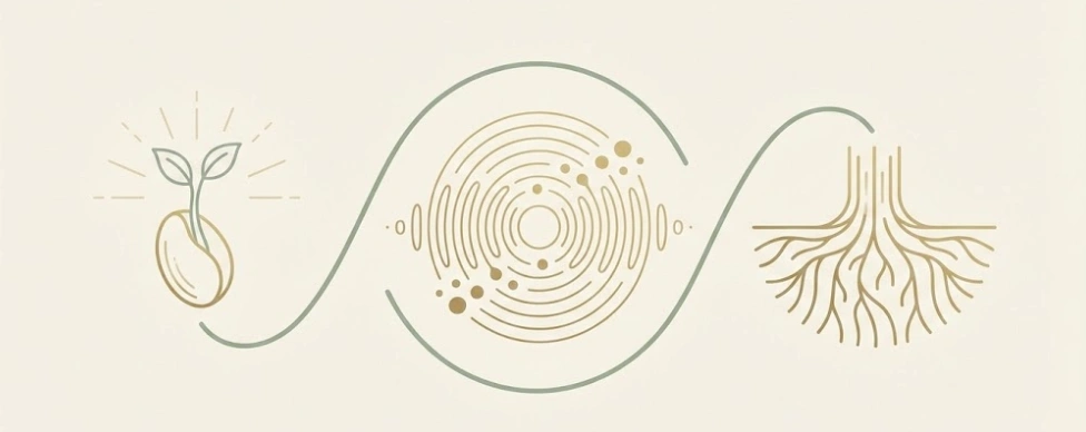 Infographie minimaliste illustrant les trois étapes d'une retraite chamanique sécurisée : définir l'intention, vivre l'immersion rituelle, et consolider l'intégration.