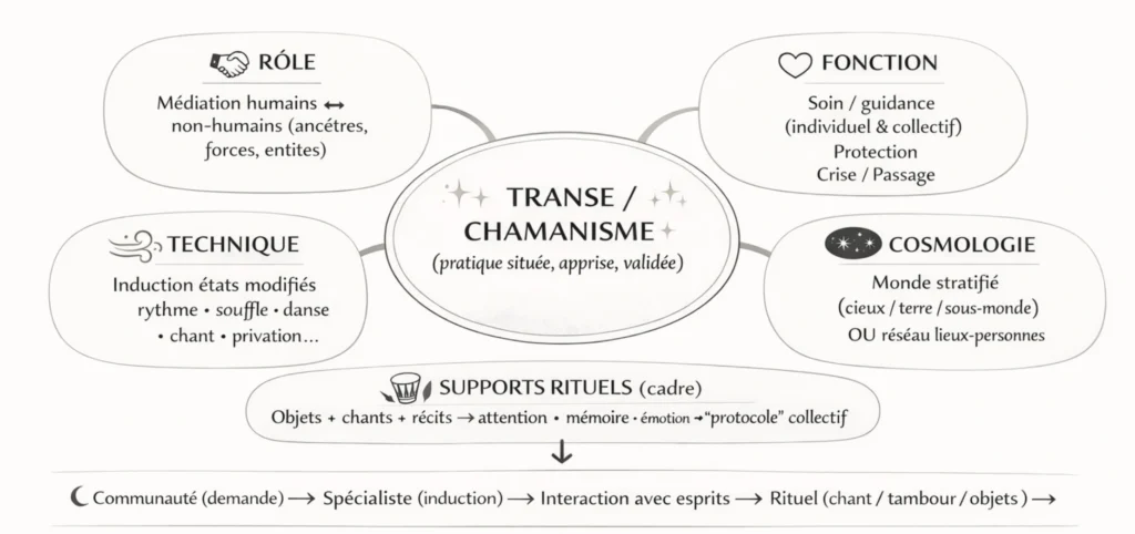 Infographie en noir et blanc présentant un schéma de la transe et du chamanisme : rôle, technique, cosmologie, fonction, supports rituels, flux du rituel et variantes.