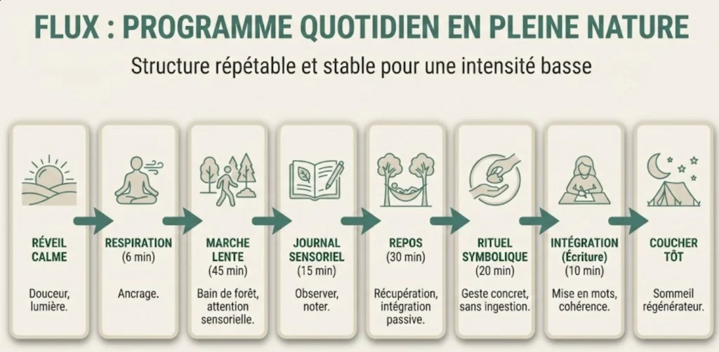 Infographie 'Flux : Programme quotidien en pleine nature' : Schéma d'une structure journalière stable et répétable pour une retraite chamanique sans substances (réveil calme, respiration, marche lente, journal sensoriel, repos, rituel symbolique, intégration écrite, coucher tôt).
