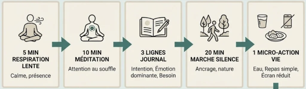 Infographie du diagramme de flux 'Routine quotidienne avant la retraite', détaillant 5 étapes séquentielles (respiration lente, méditation, écriture du journal, marche en silence, micro-action d'hygiène de vie) visant à construire une meilleure stabilité avant le séjour.